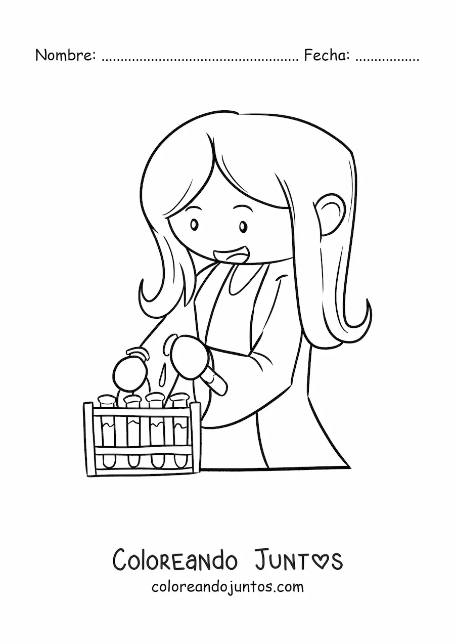 Imagen para colorear de mujer científico kawaii animada