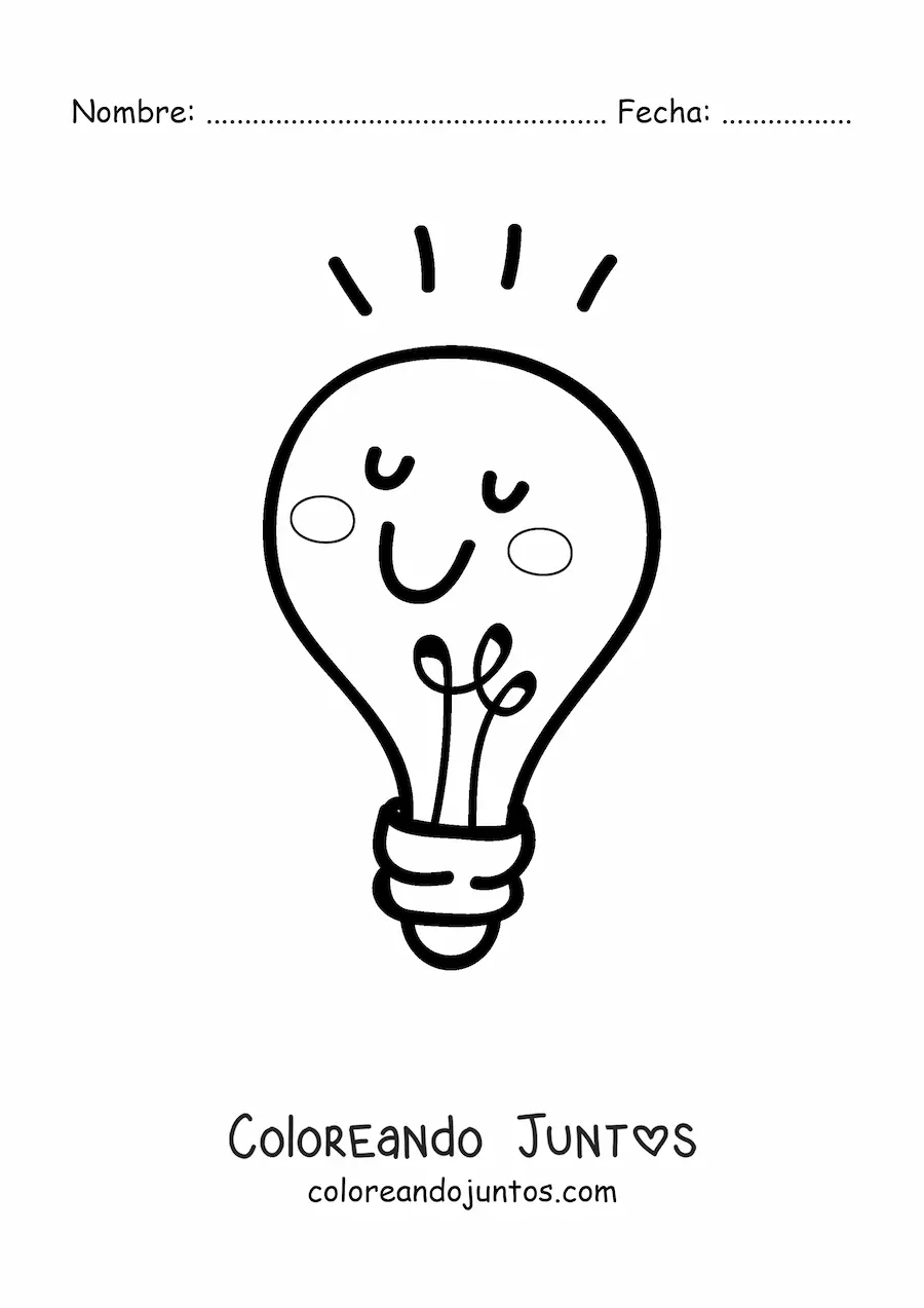 Imagen para colorear de bombillo kawaii iluminando por efecto fotoeléctrico