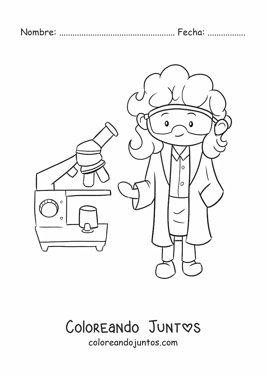 Imagen para colorear de científico kawaii con microscopio