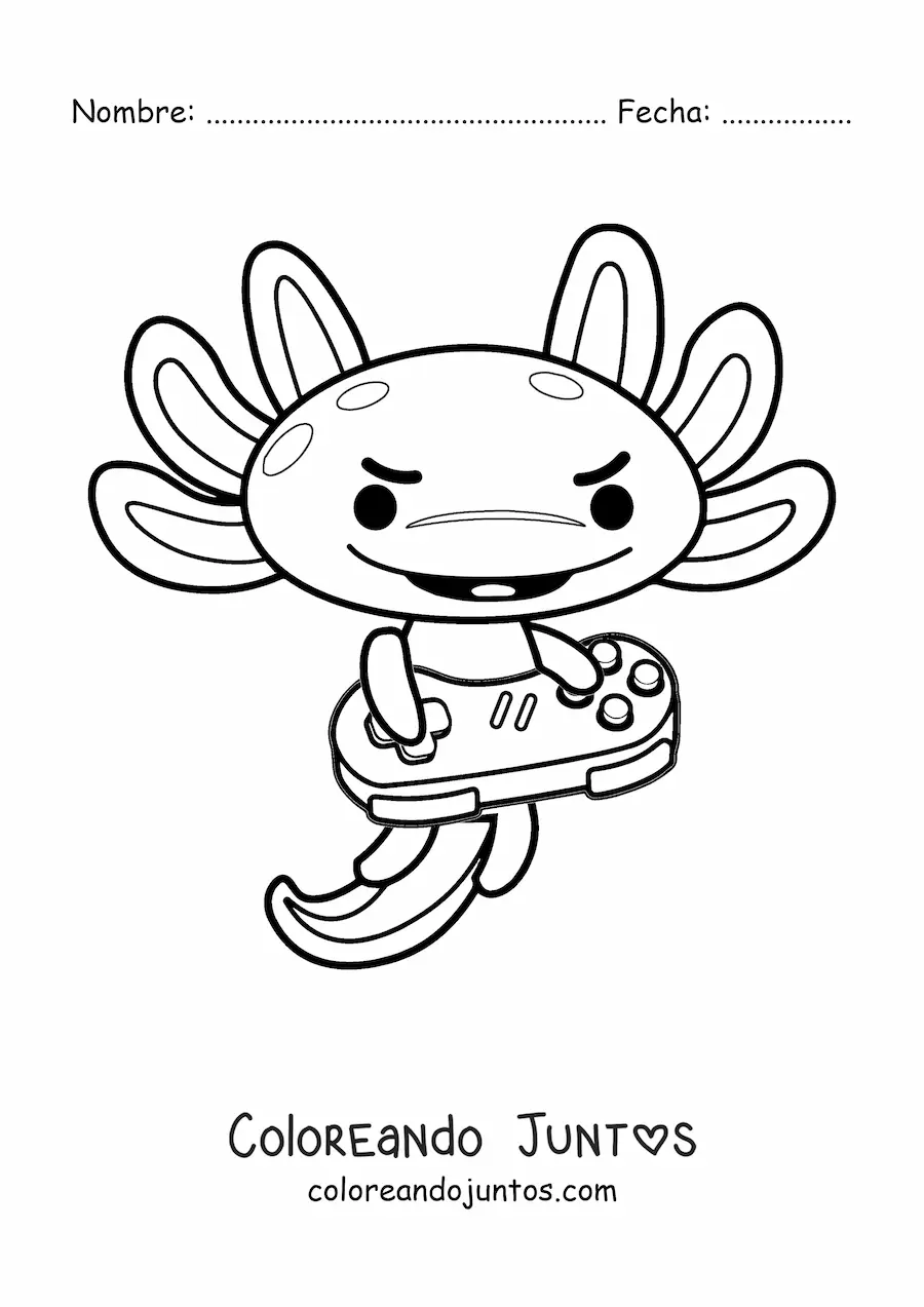 Imagen para colorear de ajolote kawaii animado jugando videojuegos