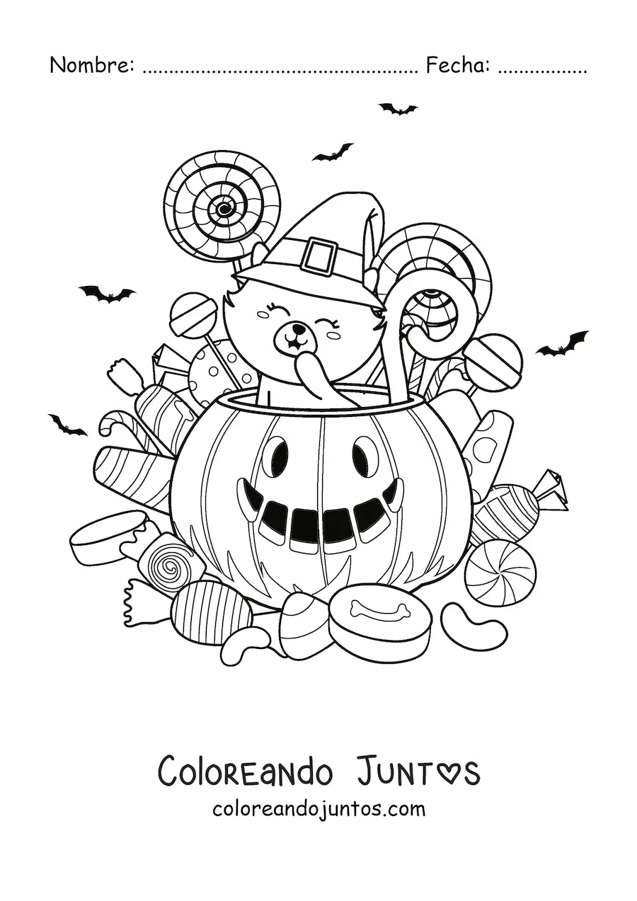 Imagen para colorear de un gato dentro de una calabaza de halloween con paletas y caramelos