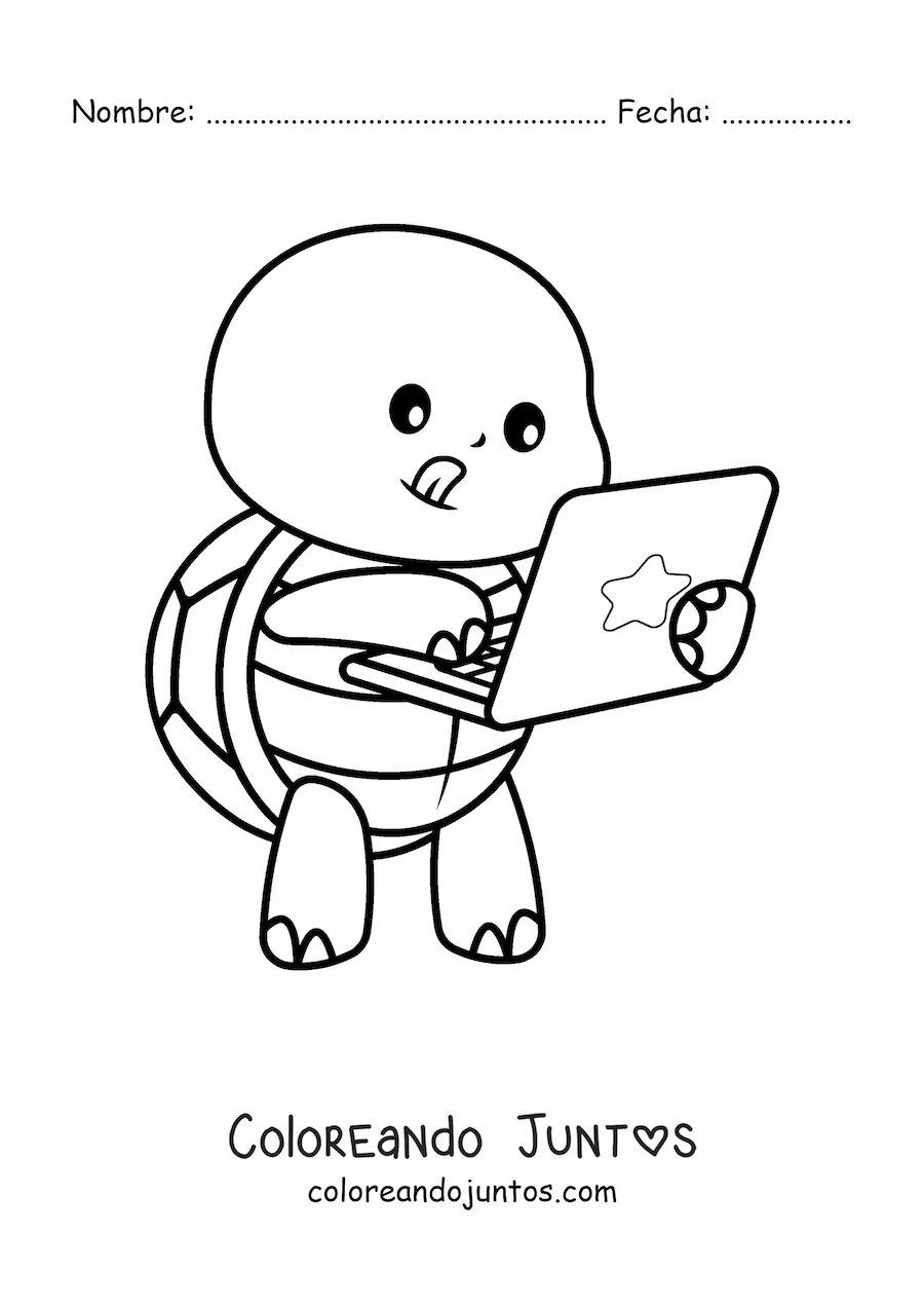 Imagen para colorear de tortuga kawaii animada usando un ordenador portátil