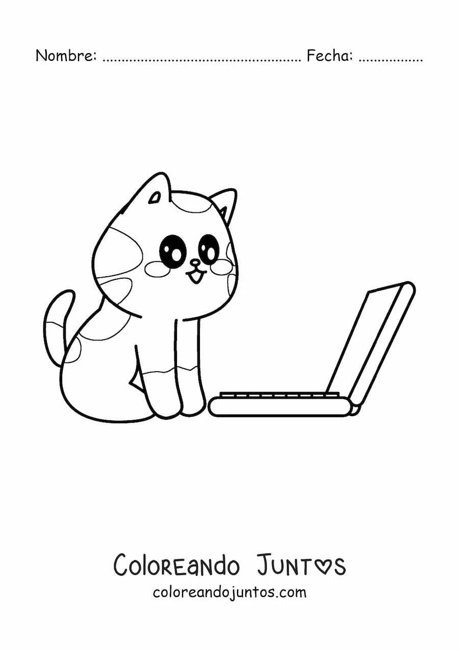 Imagen para colorear de gato kawaii sentado frente a un ordenador portátil