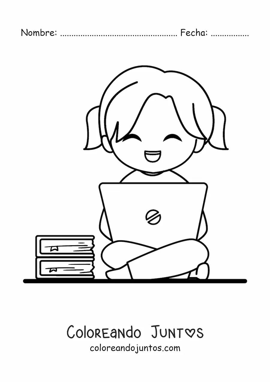 Imagen para colorear de niña kawaii estudiando en su laptop