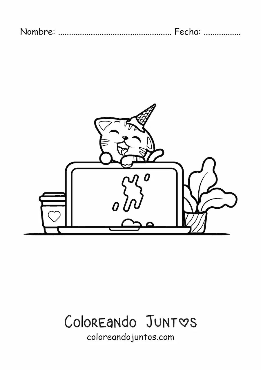 Imagen para colorear de gato kawaii ensuciando una laptop con helado