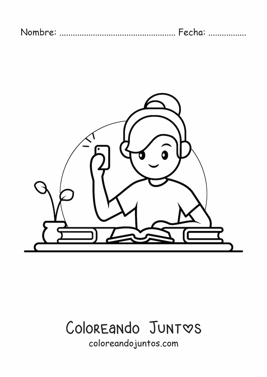Imagen para colorear de chica kawaii tomando foto a sus apuntes con el celular