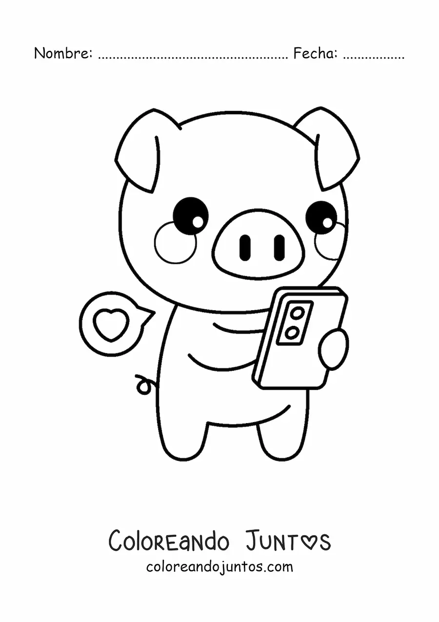 Imagen para colorear de cerdito kawaii chateando desde su celular