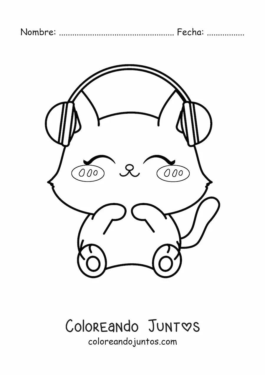 Imagen para colorear de gato kawaii escuchando música