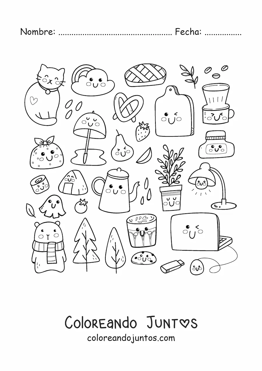 Imagen para colorear de gato y cosas de hogar kawaii