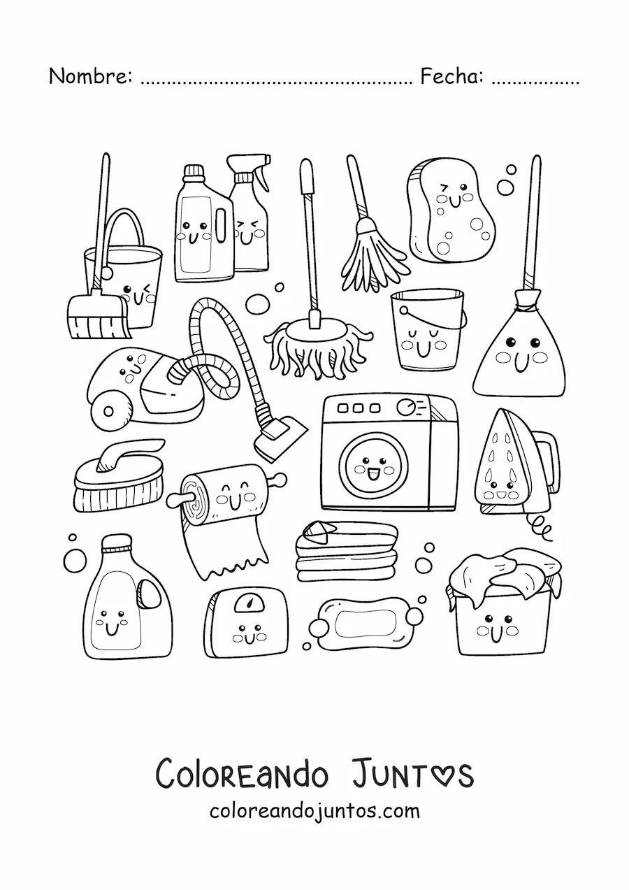 Imagen para colorear de cosas de limpieza kawaii