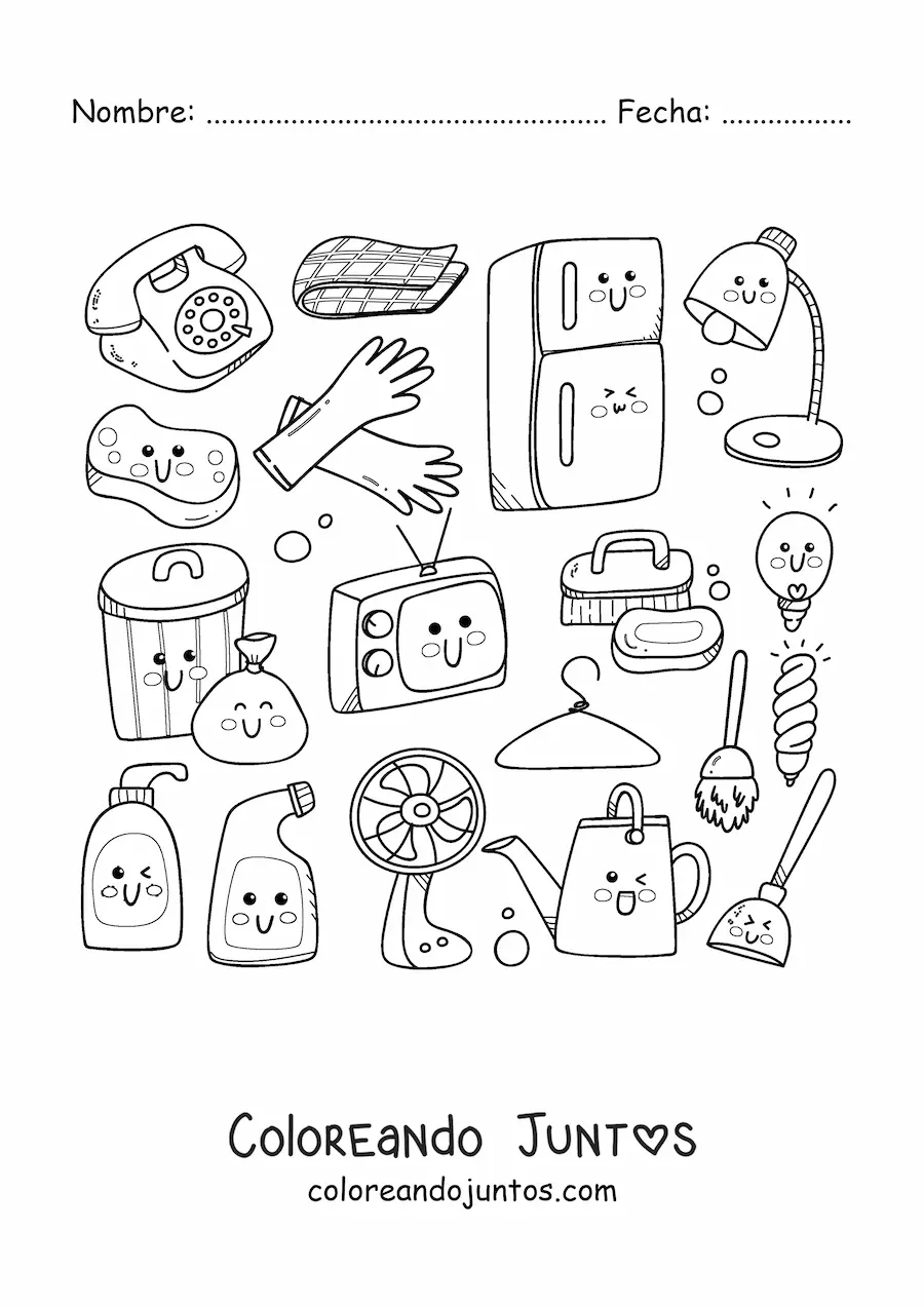 Imagen para colorear de objetos de aseo del hogar kawaii