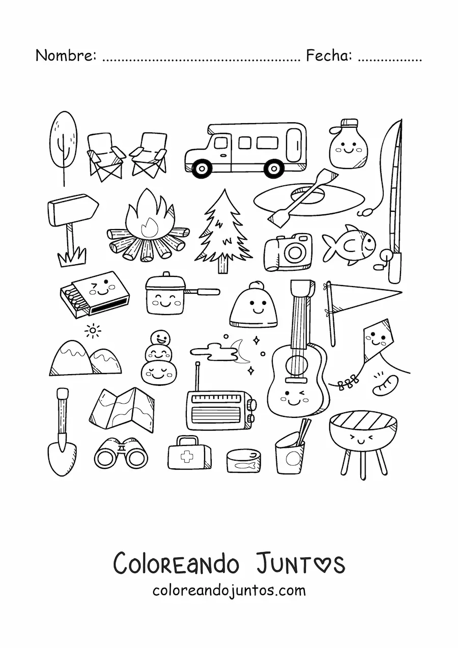 Imagen para colorear de cosas para acampar kawaii