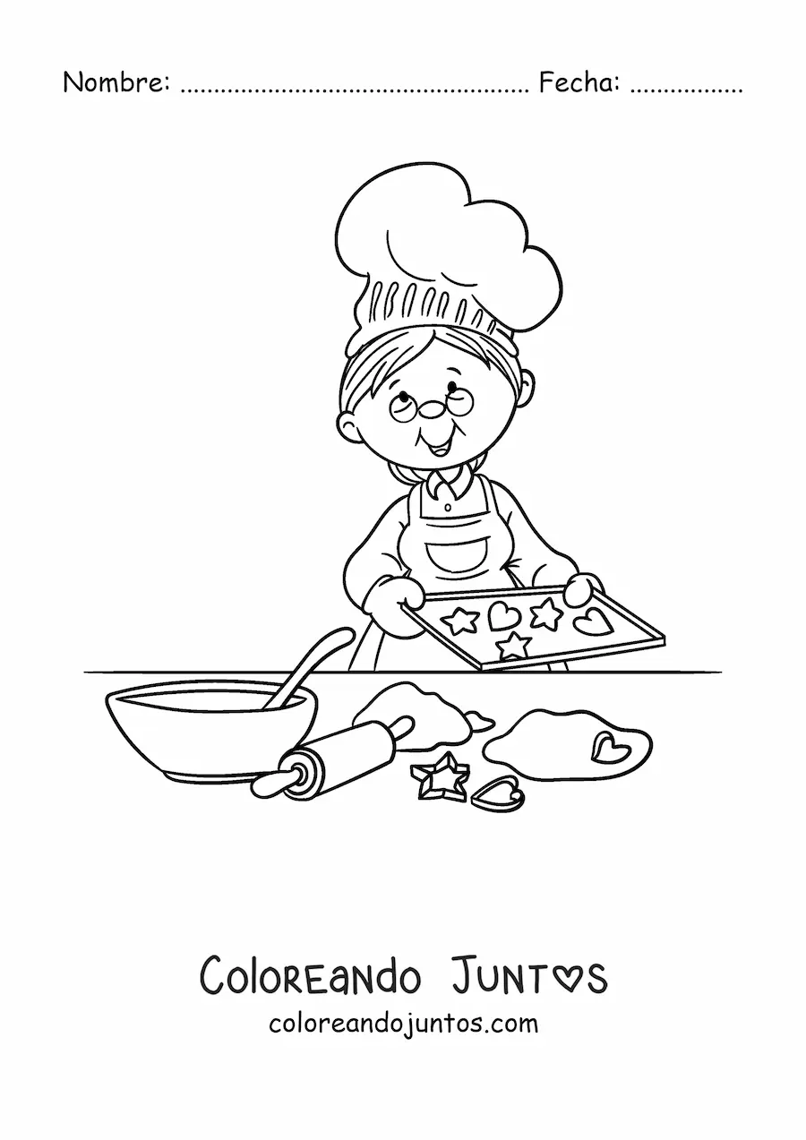 Imagen para colorear de una abuela haciendo galletas con los materiales en la mesa