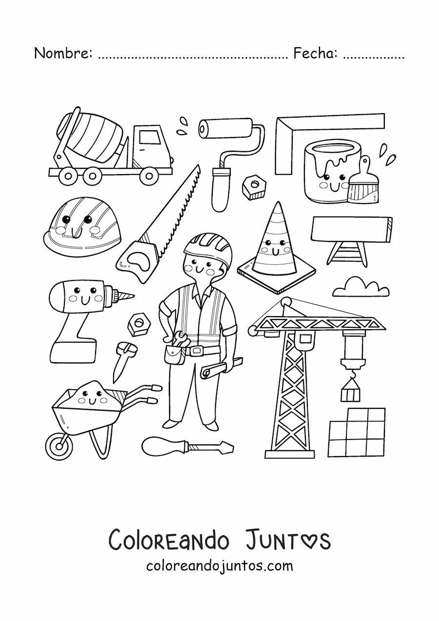 Imagen para colorear de obrero y elementos de construcción kawaii