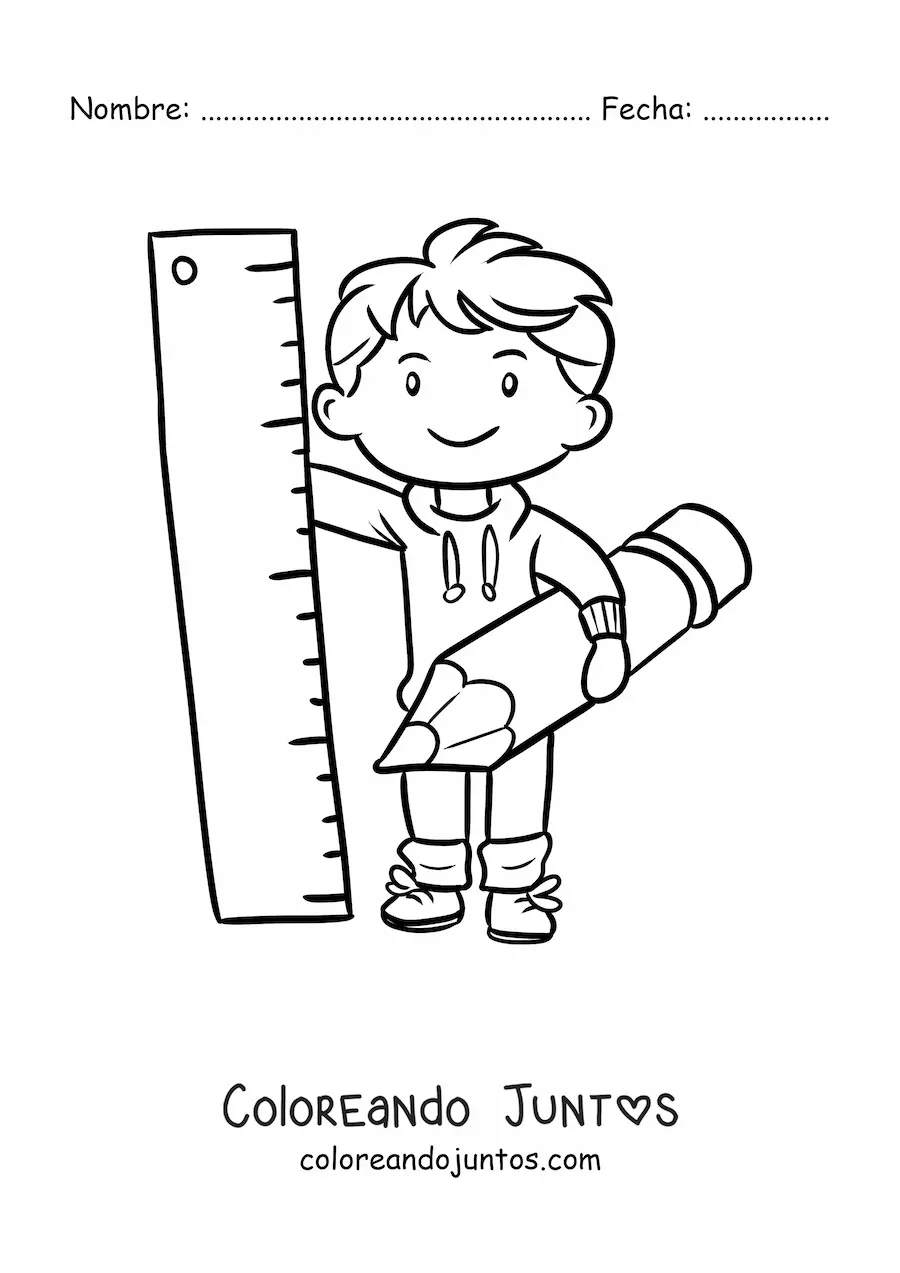 Imagen para colorear de niño kawaii con lápiz y regla