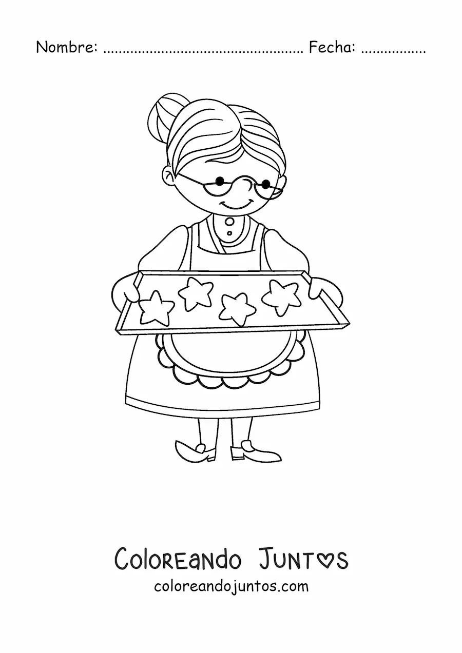 Imagen para colorear de una abuela con una bandeja de galletas con forma de estrellas