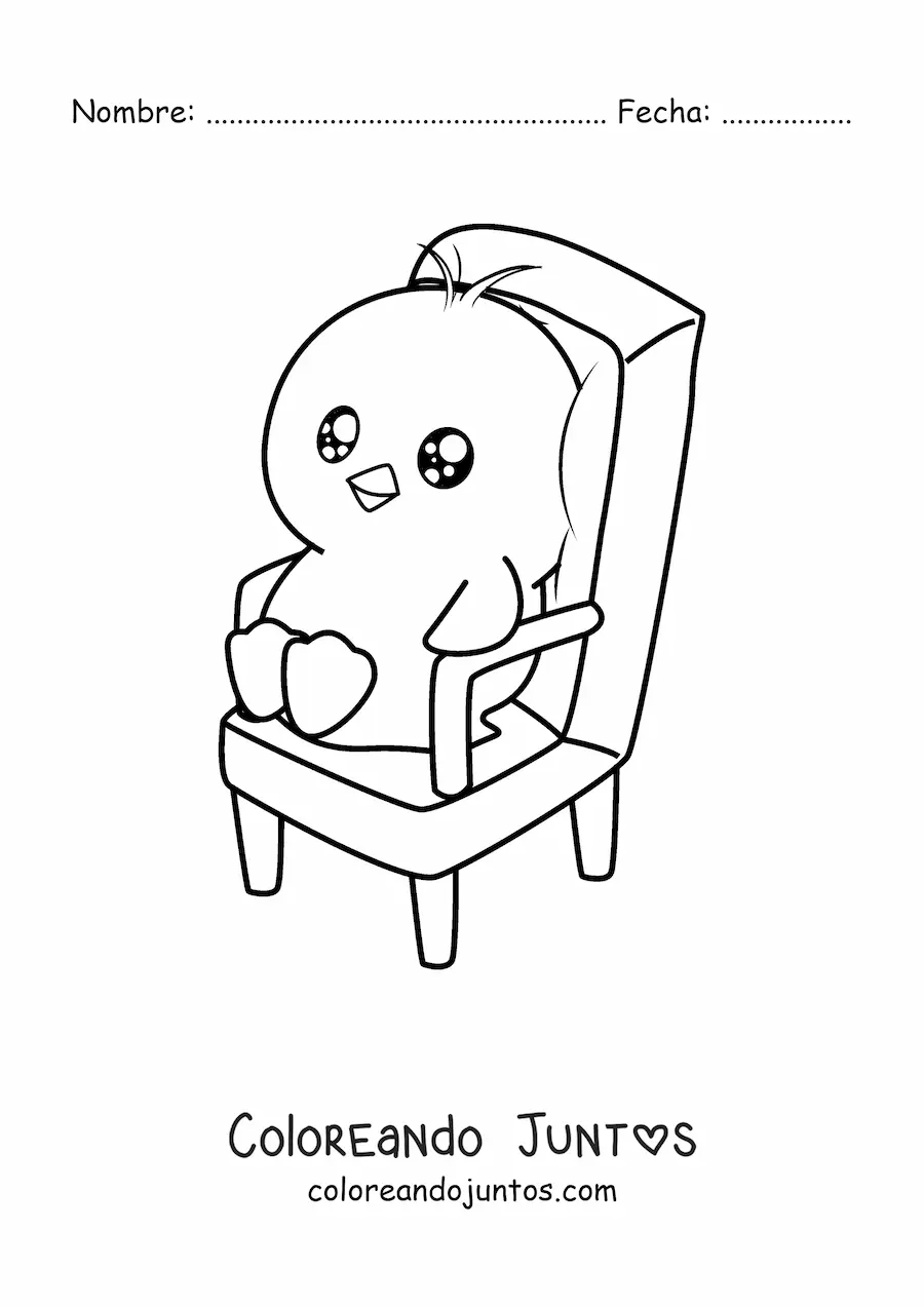 Imagen para colorear de pollito kawaii animado sentado en una silla
