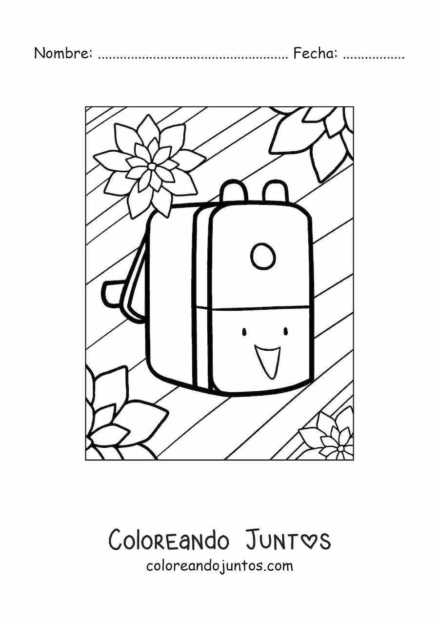 Imagen para colorear de mochila escolar kawaii con flores
