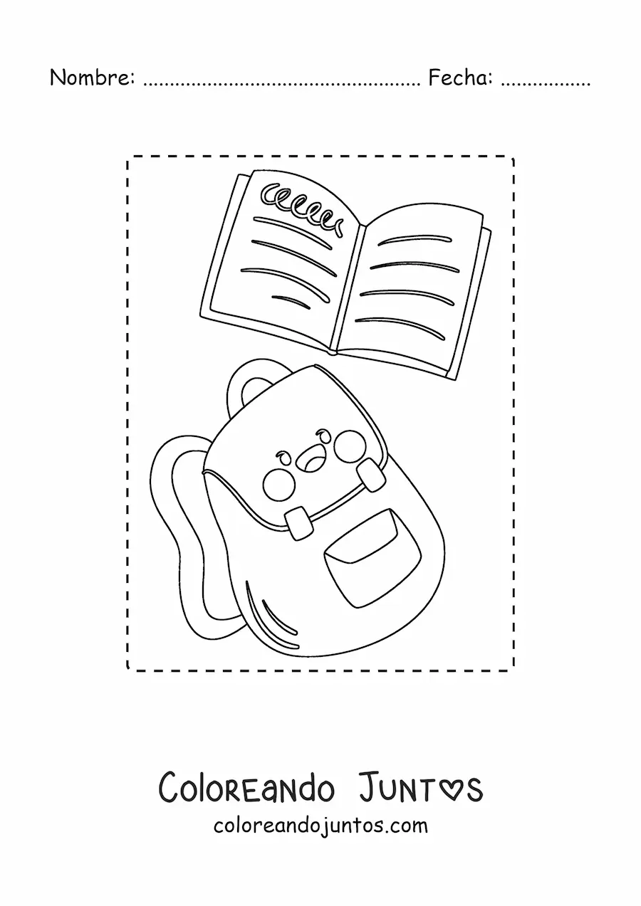 Imagen para colorear de mochila escolar kawaii con cuaderno