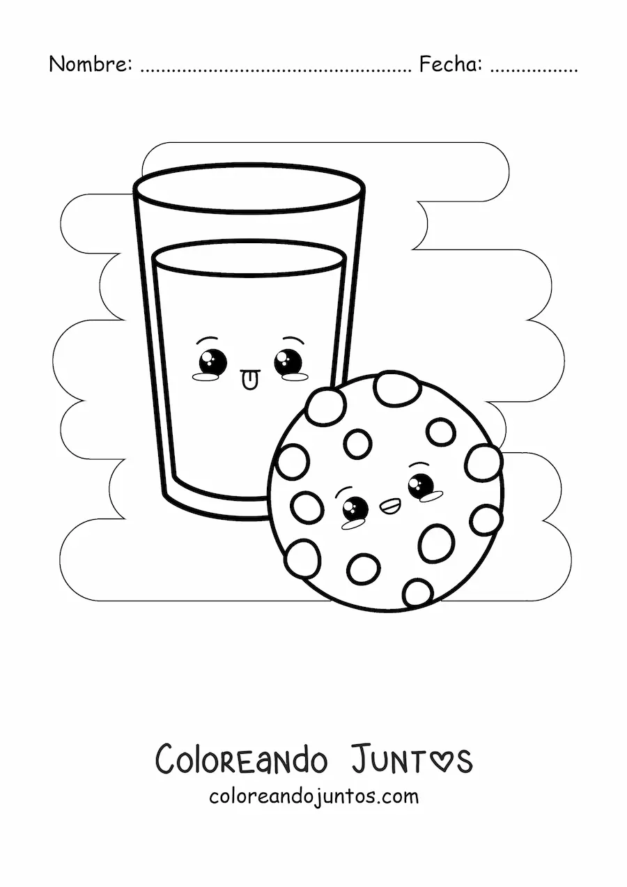 Imagen para colorear de una galleta kawaii con chispas de chocolate y un vaso de leche