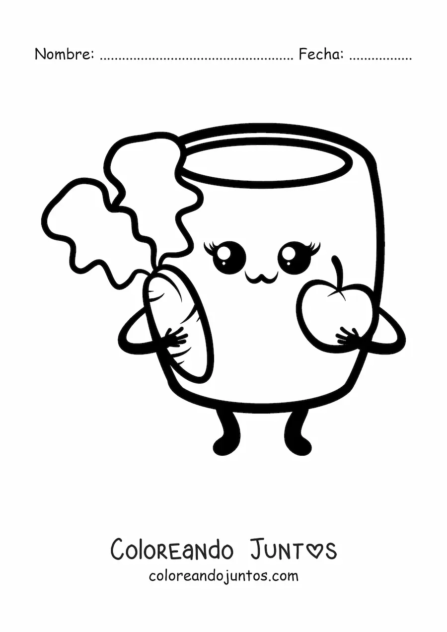 Imagen para colorear de vaso lleno kawaii con manzana y zanahoria