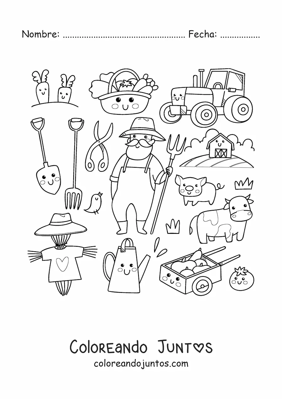 Imagen para colorear de granjero y cosas kawaii animadas