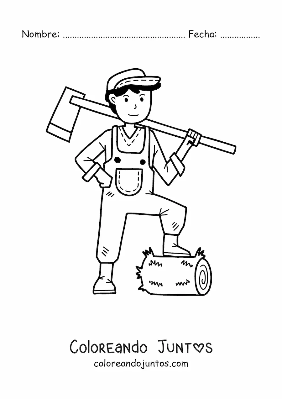 Imagen para colorear de granjero kawaii talando leña