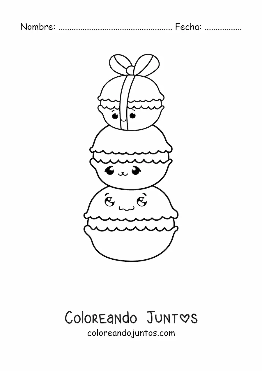 Imagen para colorear de tres macarones kawaiis, uno encima del otro con un lazo