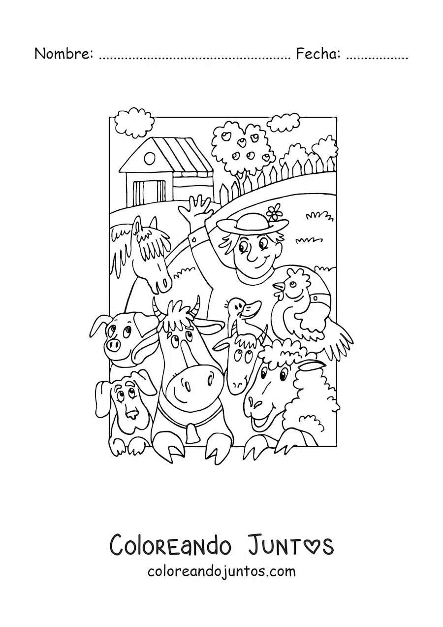 Imagen para colorear de granjero y animales animados
