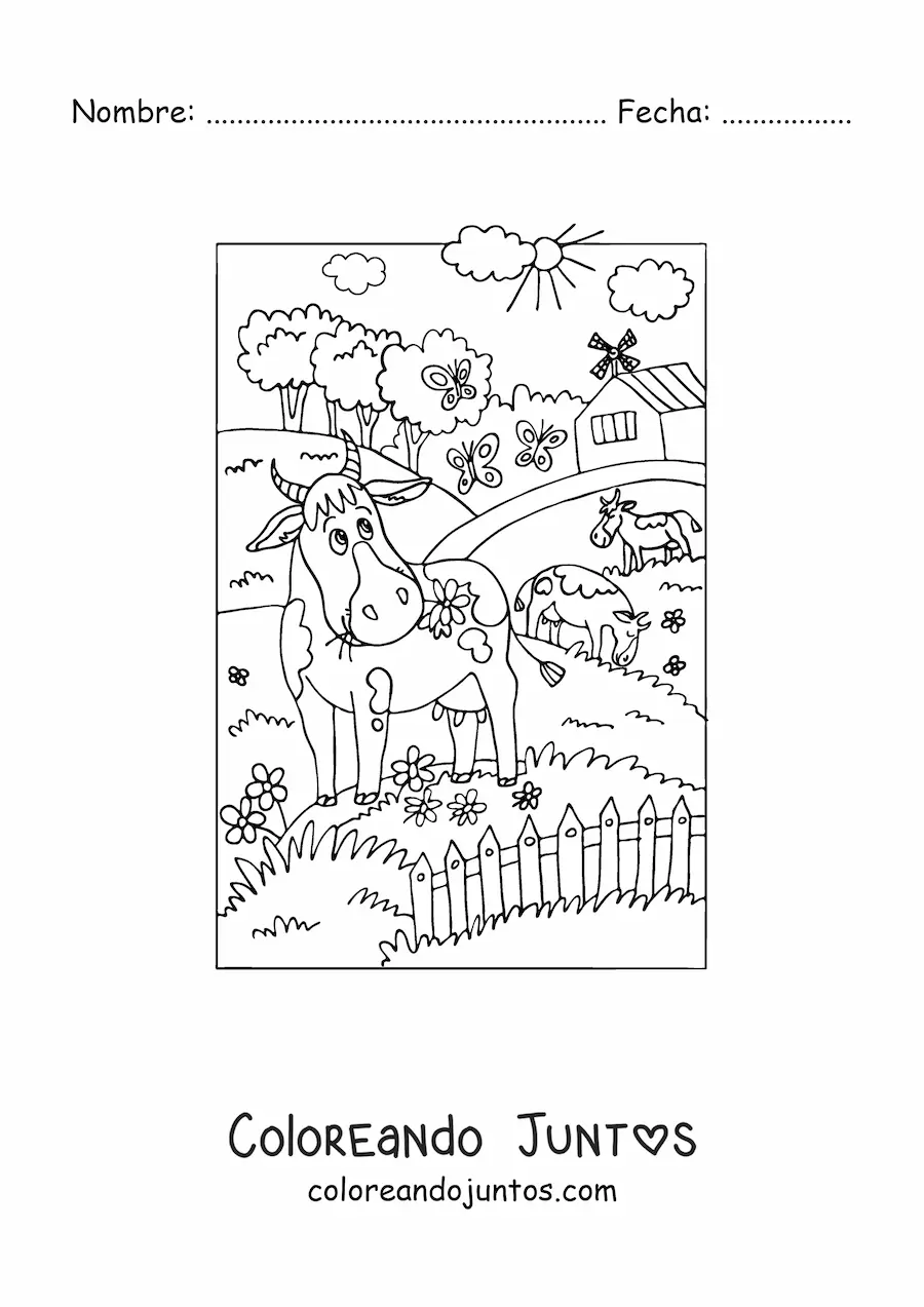 Imagen para colorear de vacas animadas pastando en la granja