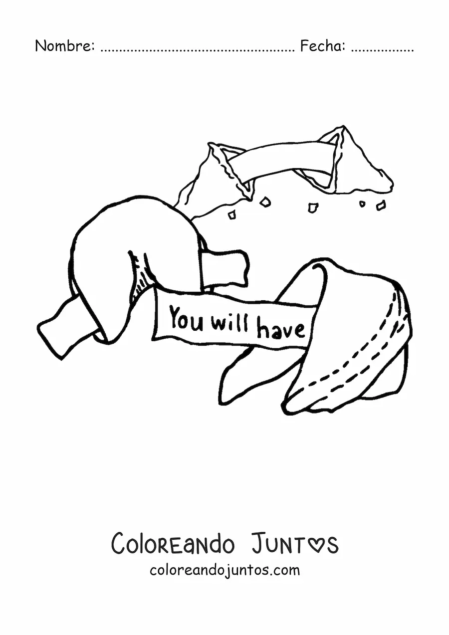 Imagen para colorear de tres galletas de la fortuna abiertas