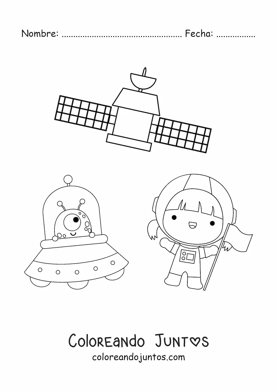 Imagen para colorear de niña astronauta kawaii con extraterrestre y satélite