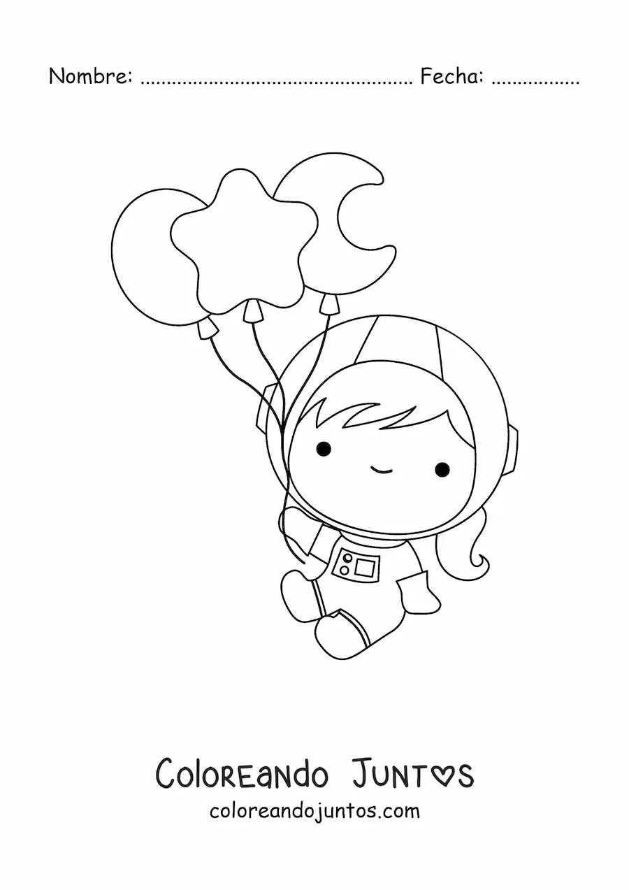 Imagen para colorear de niña astronauta kawaii flotando con globos de estrellas