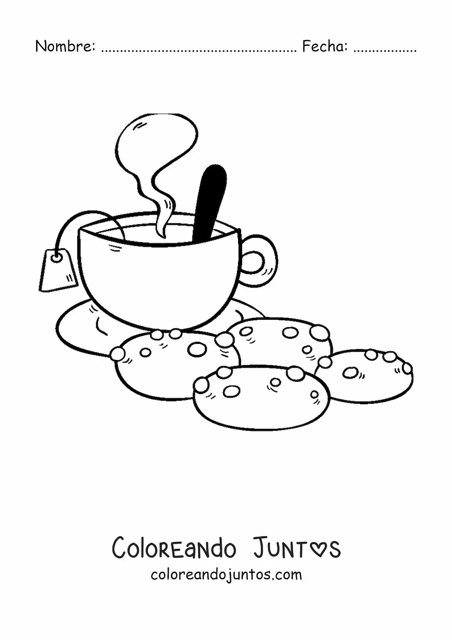 Imagen para colorear de una taza de té humeante con galletas