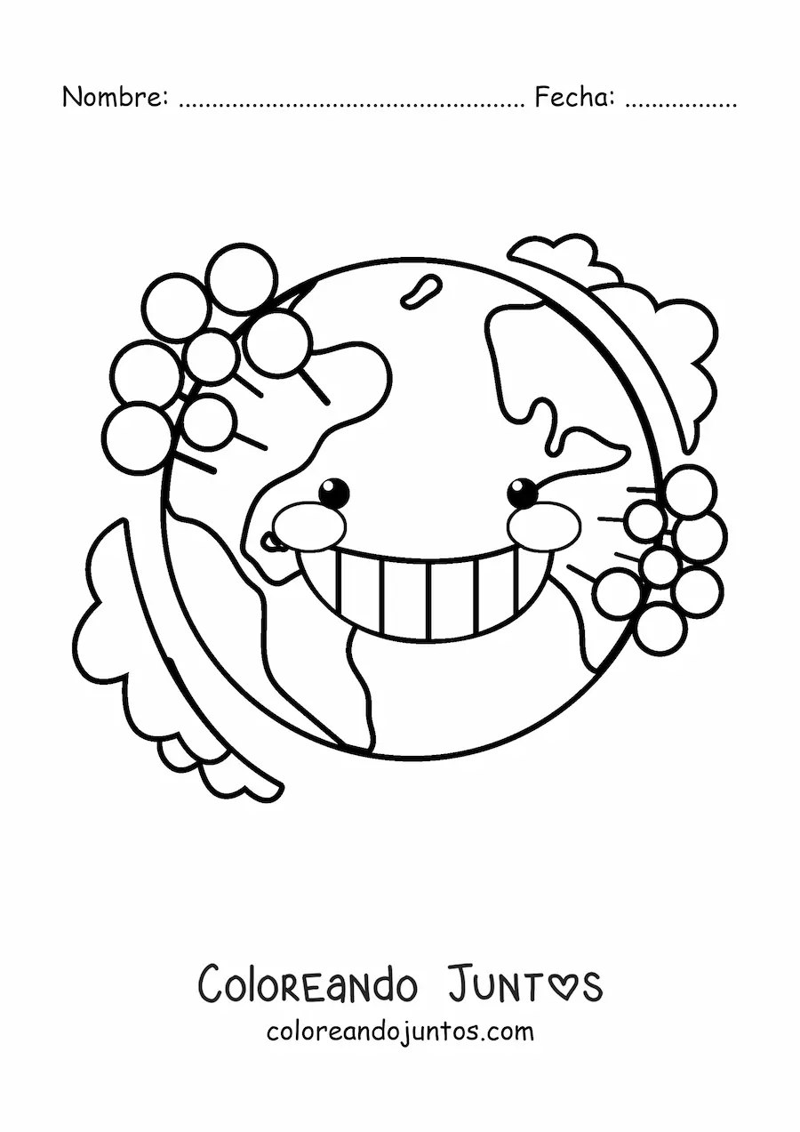 Imagen para colorear de planeta Tierra kawaii animado con árboles y la atmósfera