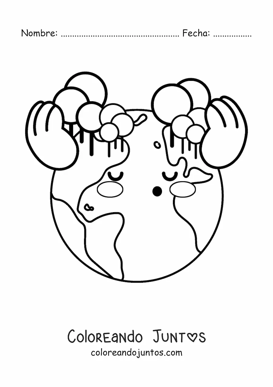 Imagen para colorear de árboles del planeta Tierra kawaii generando oxígeno