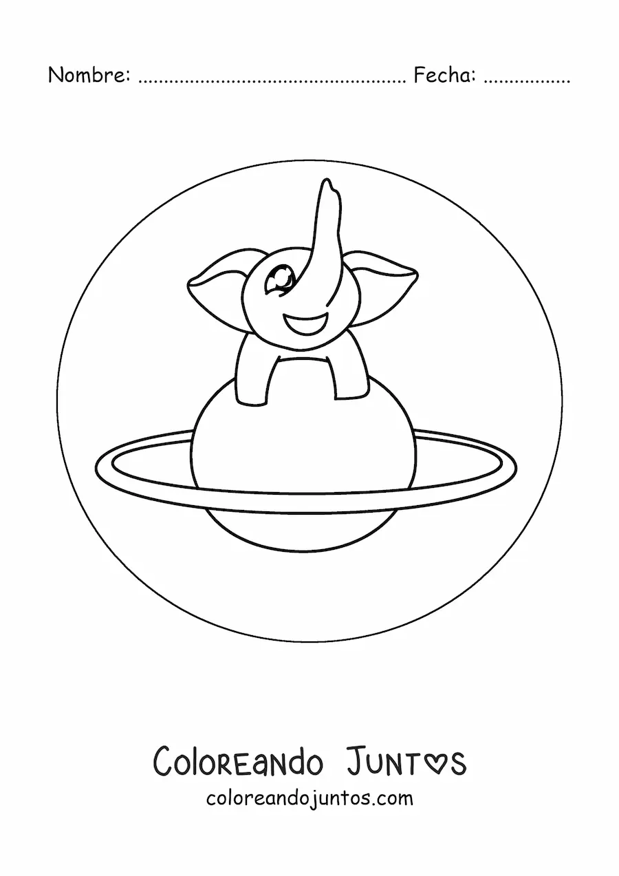 Imagen para colorear de elefante kawaii sobre un planeta