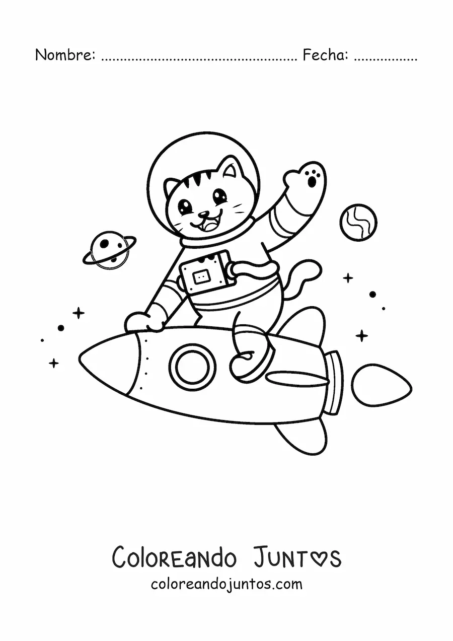 Imagen para colorear de gato astronauta animado kawaii en un cohete en el espacio