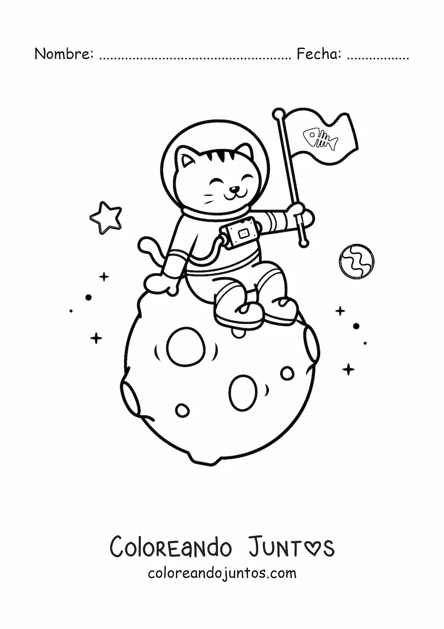 Imagen para colorear de gato astronauta animado kawaii en la Luna