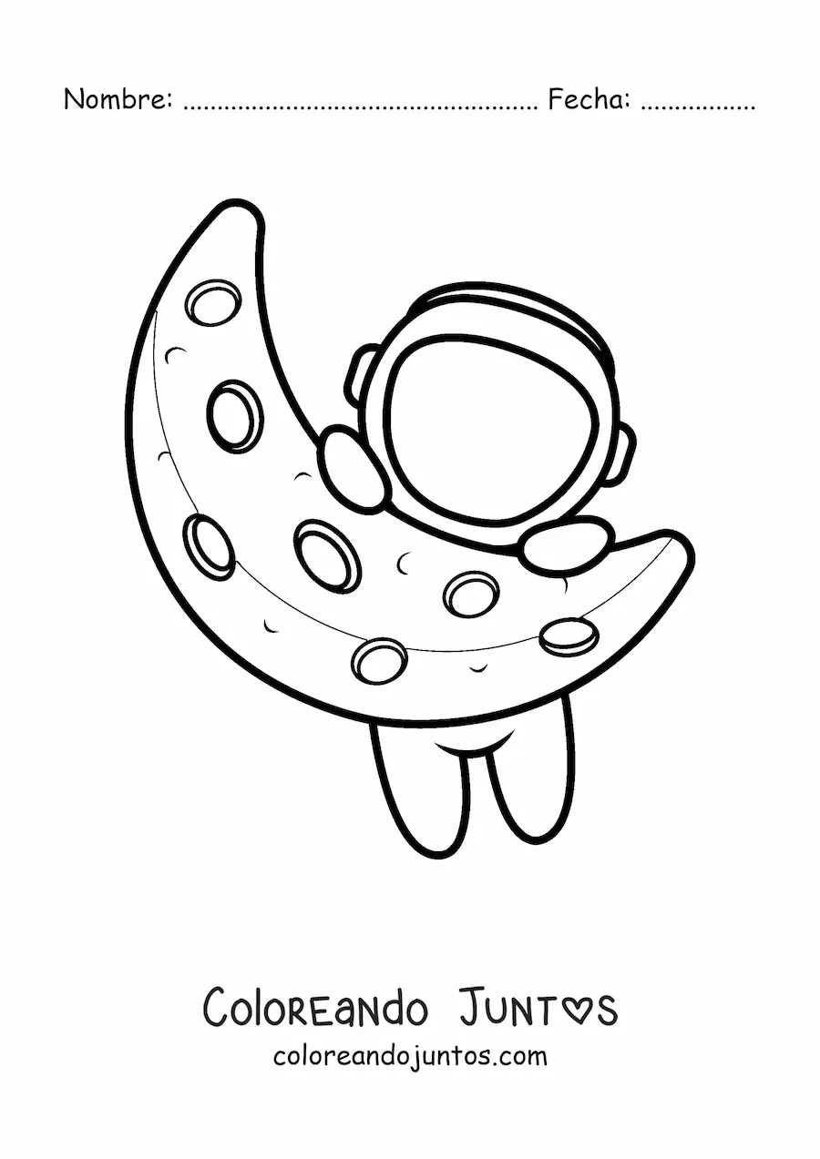 Imagen para colorear de astronauta kawaii colgando de la Luna