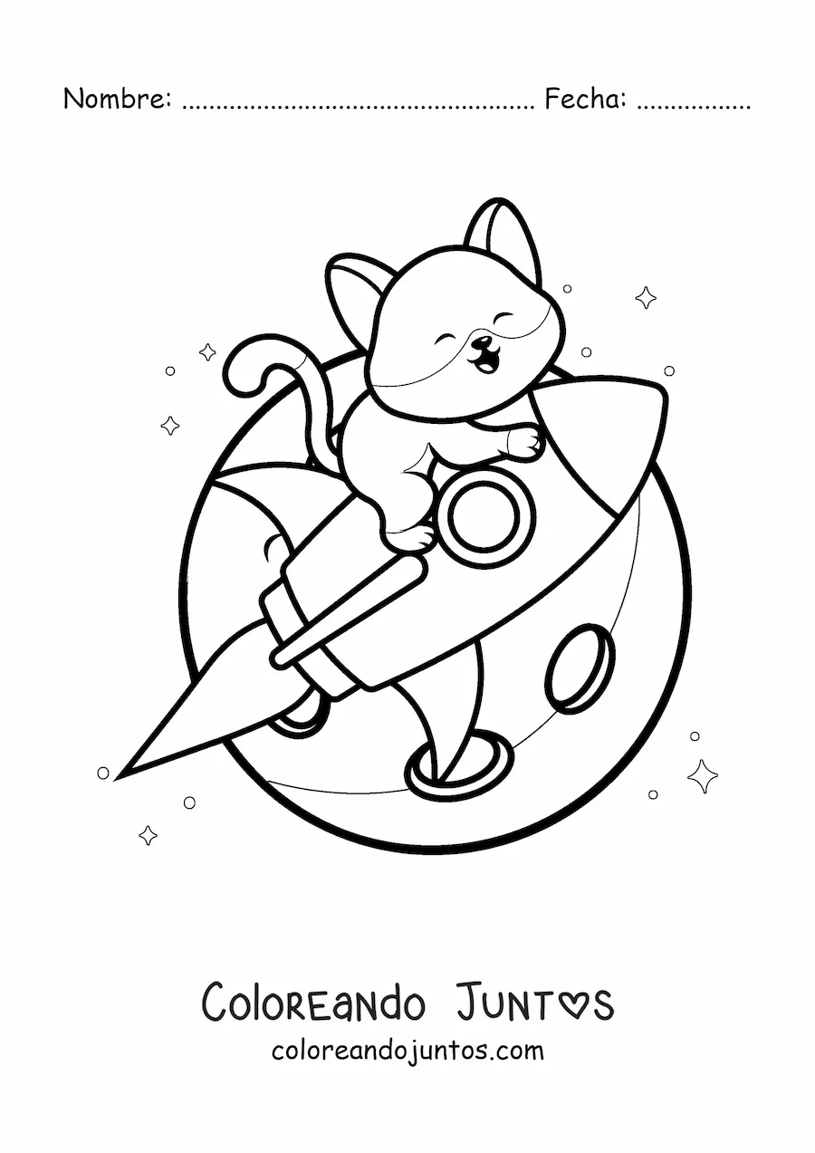 Imagen para colorear de gato animado kawaii en un cohete en el espacio