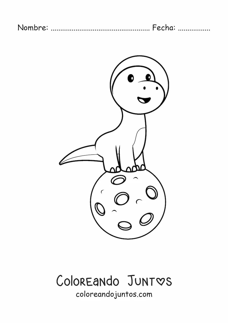 Imagen para colorear de dinosaurio animado kawaii en la Luna