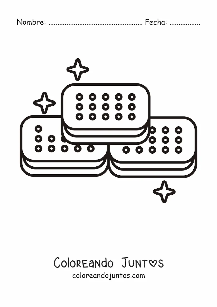 Imagen para colorear de tres sandwiches de helado en forma de pirámide con brillos