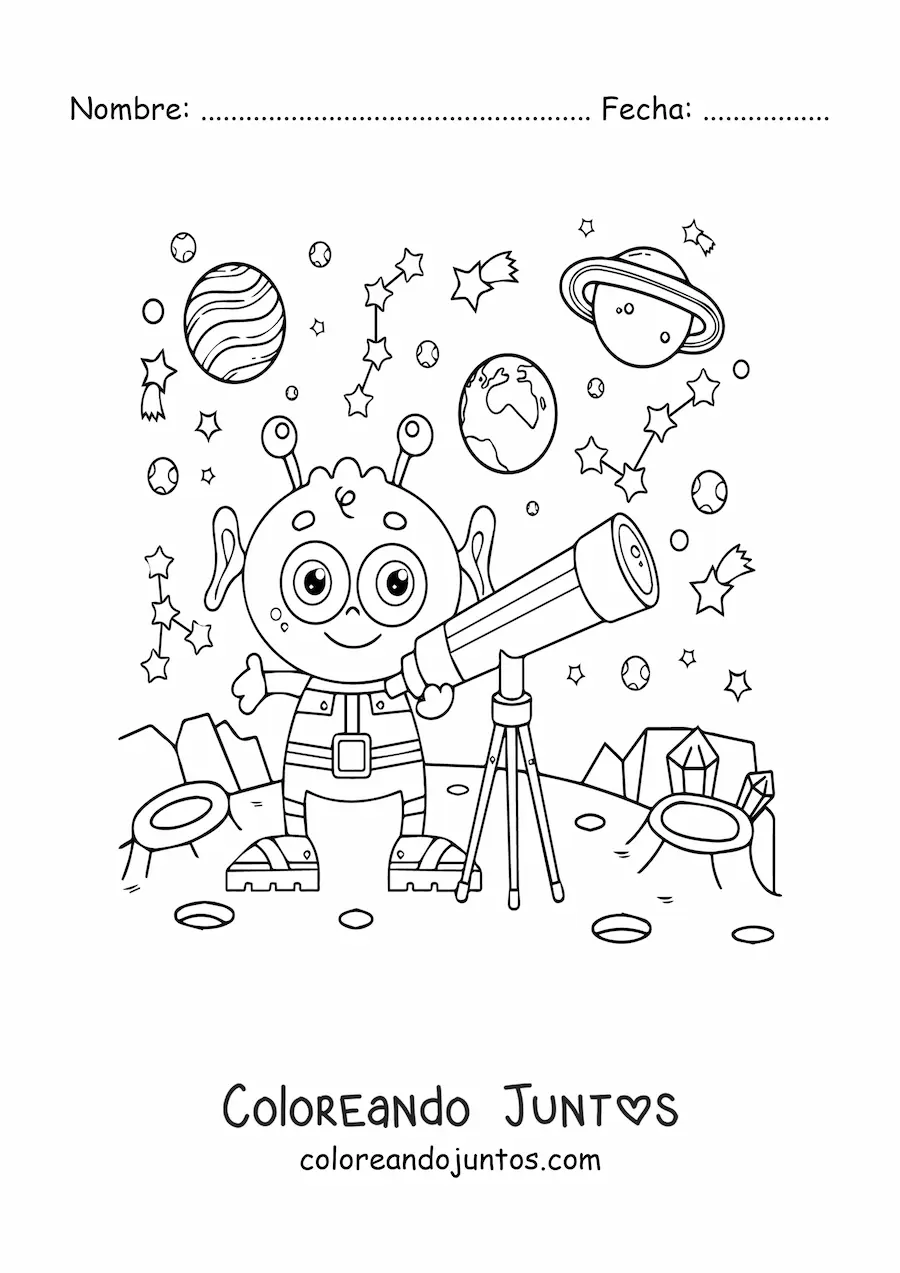 Imagen para colorear de alienígena con telescopio