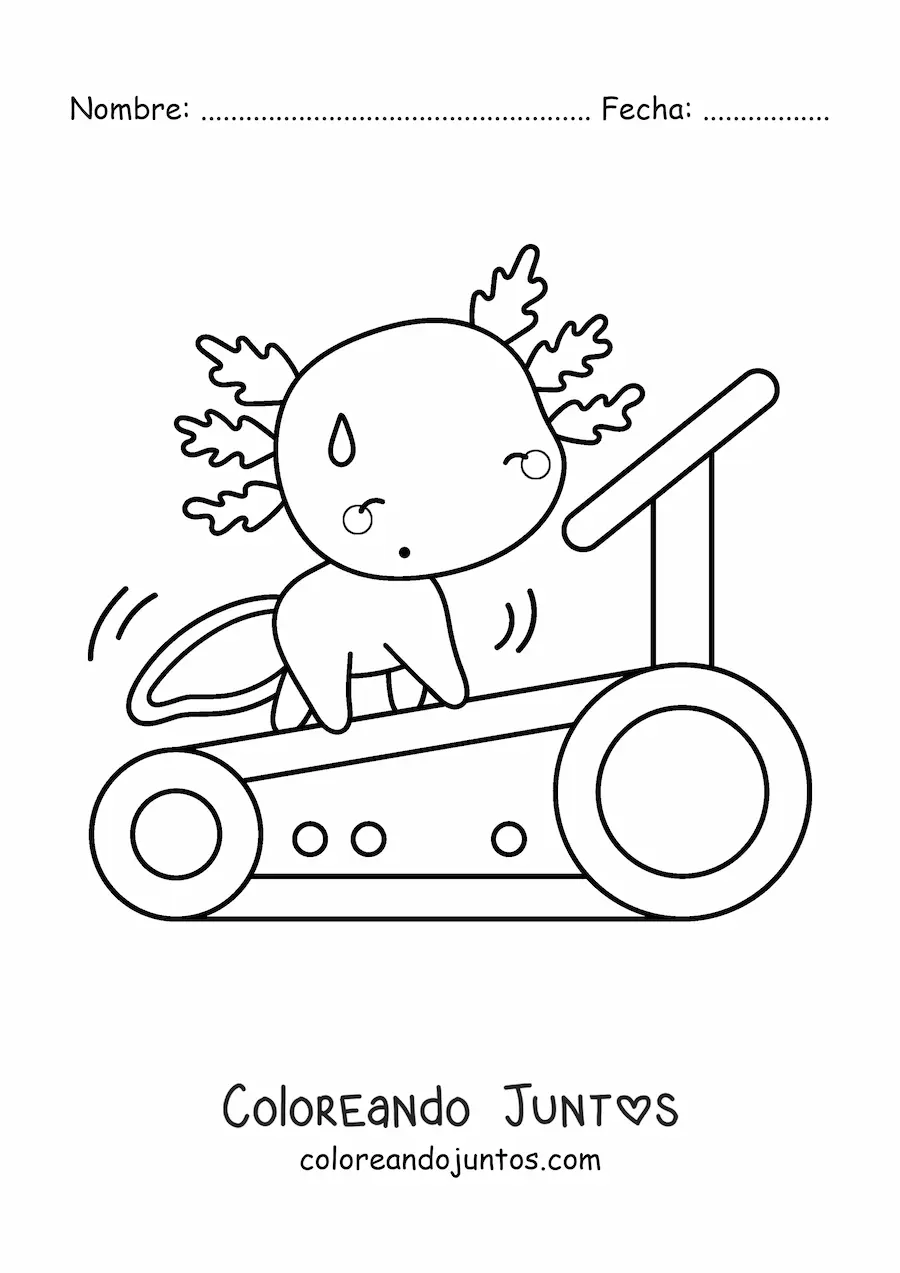 Imagen para colorear de ajolote kawaii animado ejercitando en una caminadora