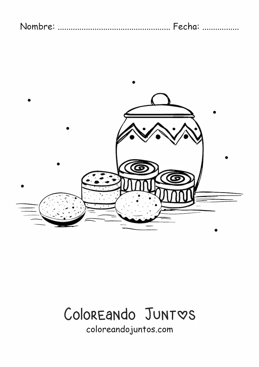 Imagen para colorear de galletas y dulces en una mesa con un frasco decorado en el fondo