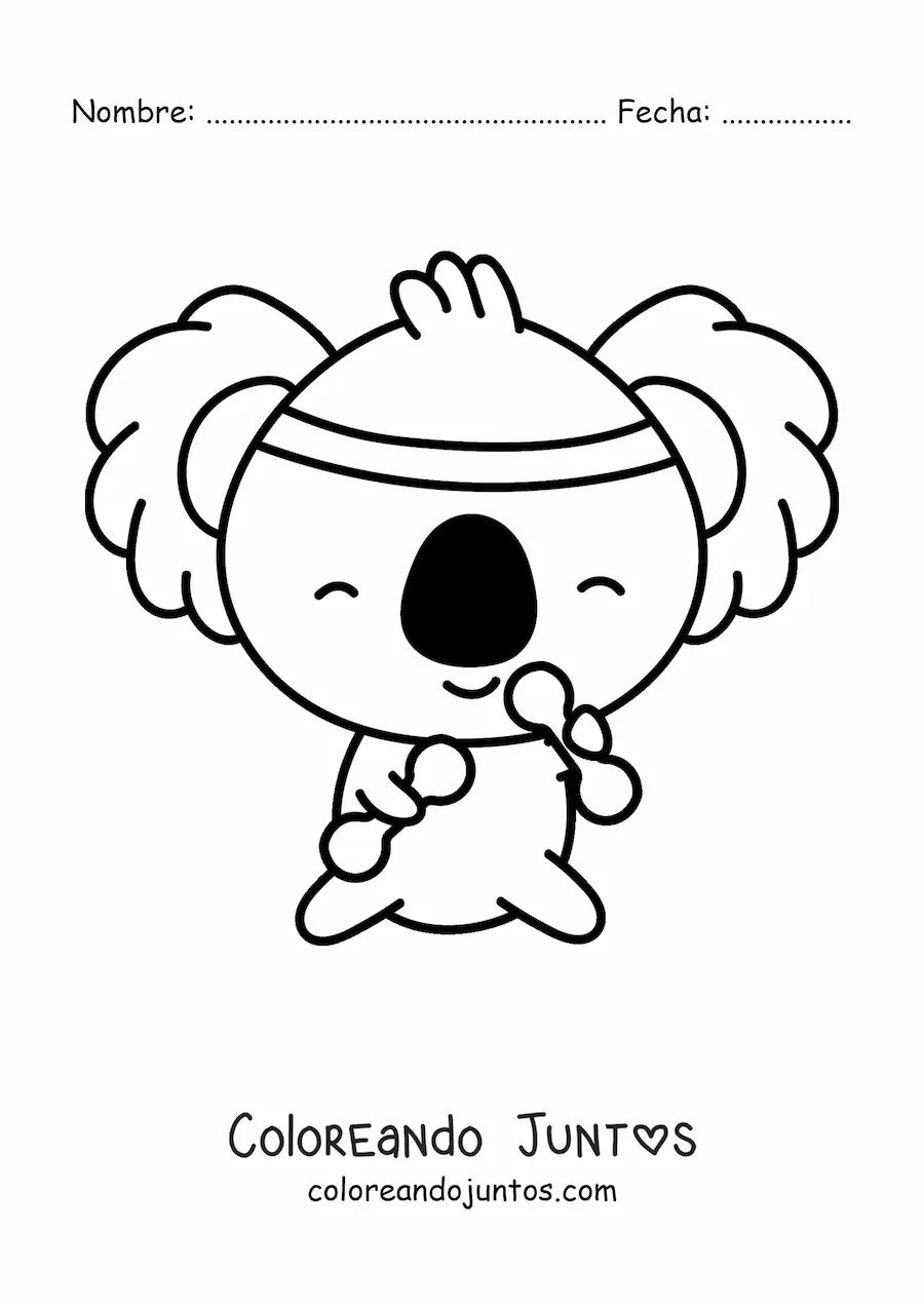 Imagen para colorear de koala kawaii animado ejercitando con pesas