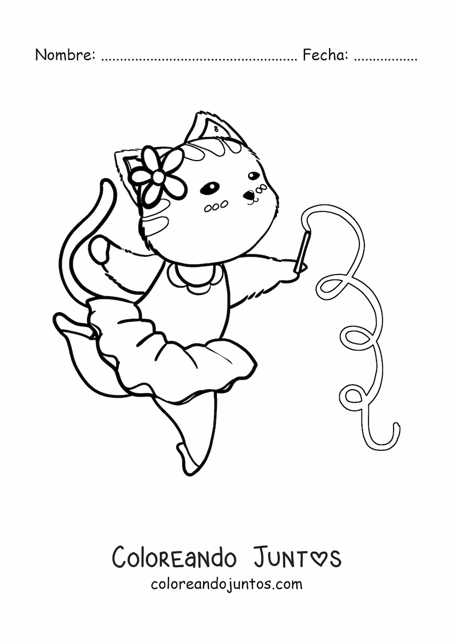 Imagen para colorear de gato animado haciendo gimnasia rítmica