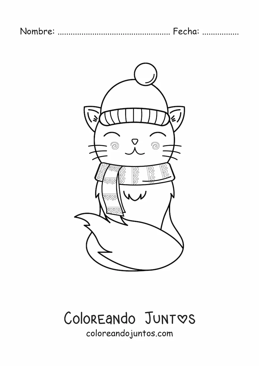 Imagen para colorear de gato kawaii animado con moda de invierno