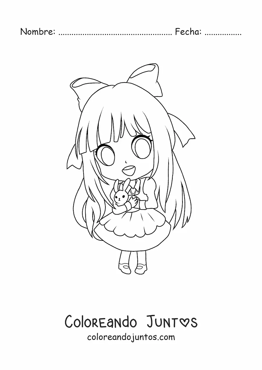 Imagen para colorear de chica kawaii chibi con hermoso vestido y un conejo